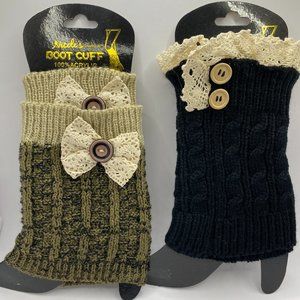 Set of 2 Boot Cuffs, black and brown/tan with bows